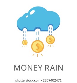 Lluvia de monedas de oro desborda de nubes aisladas en blanco. Icono de vector plano de color de la lluvia de dinero. Concepto de aplicaciones bancarias y móviles