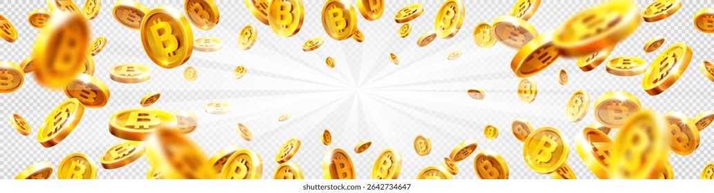 Rain of golden bitcoins. Falling or flying coin. Cryptocurrency concept on white background