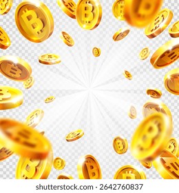 Rain of golden bitcoins. Falling or flying coin. Cryptocurrency concept on white background