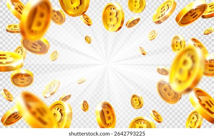 Rain of golden bitcoins. Falling or flying coin. Cryptocurrency concept on white background