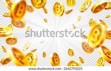 Rain of golden bitcoins. Falling or flying coin. Cryptocurrency concept on white background