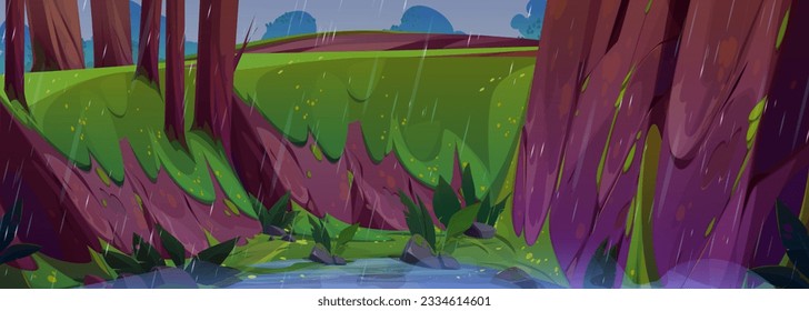 Rain in green forest with stone on hill vector background. High leaf tree in park garden and rock mountain on rainy weather. Water puddle with drop splash on natural ground terrain outdoor location