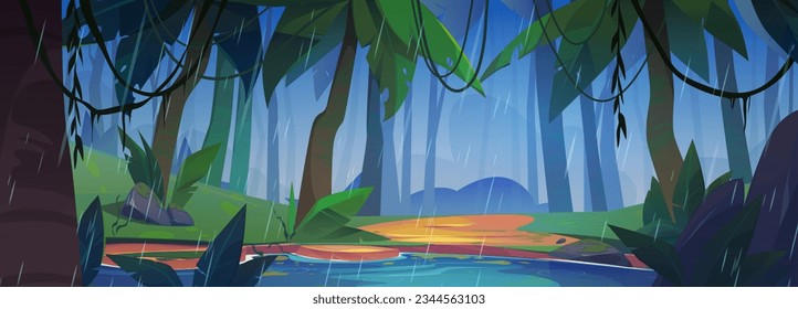 Rain in green tropic forest with lake cartoon vector background. Sand shore with palm tree in jungle rainforest environment illustration with nobody. Mystery woodland with liana for wild adventure