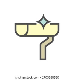 Rain gutter or eavestrough clean, cleanup vector icon. Include pipe or downpipe, downspout. To service by cleaning for roof drainage system. Part at exterior home house building. Editable stroke.
