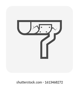 Rain gutter or eavestrough old, damage or broken vector icon. Include pipe, downspout and rain water leak cause of ice, hail, snow. Need maintenance, fix, repair, seal for roof drainage of home house.