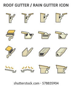 Rain Gutter With Fascia Style Vector Icon. Include Downpipe Or Downspout, Guard Or Cover, Gutterstuff, Rainwater, Roof And House Building. Construction Part Of Water Discharge Or Drainage System.