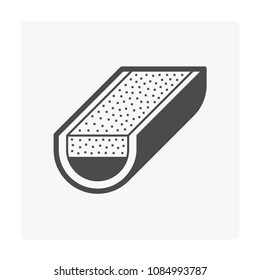 Rain gutter and rainwater pouring icon with half round shape. Include foam gutter guard or gutterstuff or foam filter insert made from sponge for protection from damage, clogged and reduce cleaning.