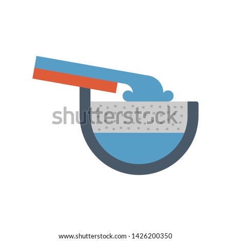 Rain gutter and rainwater pouring icon with half round shape. Include foam gutter guard or gutterstuff or foam filter insert made from sponge for protection from damage, clogged and reduce cleaning.