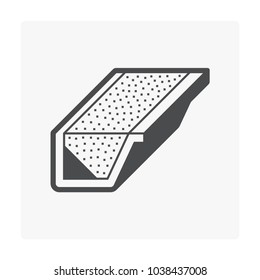 Rain gutter and rainwater pouring vector icon with fascia shape. Include foam gutter guard or gutterstuff or foam filter insert made from sponge for protection from damage, clogged and reduce cleaning