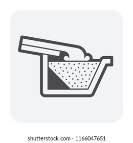 Rain gutter and rainwater pouring vector icon with fascia shape. Include foam gutter guard or gutterstuff or foam filter insert made from sponge for protection from damage, clogged and reduce cleaning