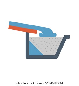 Rain gutter and rainwater pouring vector icon with fascia shape. Include foam gutter guard or gutterstuff or foam filter insert made from sponge for protection from damage, clogged and reduce cleaning