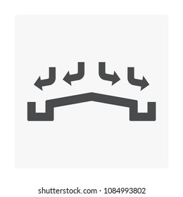 Rain gutter vector icon. Also called eavestrough, eaves-shoot or surface water collection channel. Include arrow of roof slope direction for rainwater discharge and drainage system of home or building