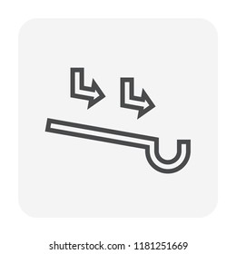 Rain gutter vector icon. Also called eavestrough, eaves-shoot or surface water collection channel. Include arrow of roof slope direction for rainwater drainage system of home or building. 64x64 pixel.