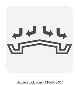 Rain gutter vector icon. Also called eavestrough, eaves-shoot or surface water collection channel. Include arrow of roof slope direction for rainwater discharge and drainage system of home or building