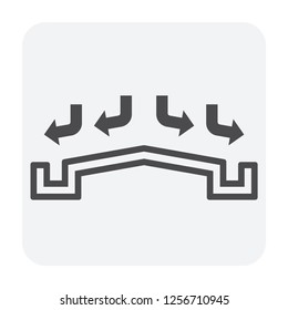 Rain gutter vector icon. Also called eavestrough, eaves-shoot or surface water collection channel. Include arrow of roof slope direction for rainwater discharge and drainage system of home or building