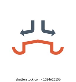 Rain gutter vector icon. Also called eavestrough, eaves-shoot or surface water collection channel. Include arrow of roof slope direction for rainwater discharge and drainage system of home or building