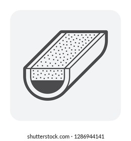 Rain gutter vector icon with half round shape. Include foam gutter guard or gutterstuff or foam filter insert made from sponge for protect and prevent damage, clogged, reduce cleaning and maintenance.
