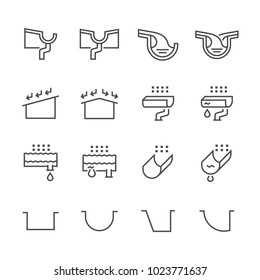 Rain gutter vector line icon. May called guttering, eaves trough, eavestrough. Consist of chute, downpipe, downspout or spout for roof to drainage storm, rain water. System for home or house building.