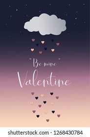 Rain of hearts and cloud, 'be mine' valentine typographic lettering vector illustration. Valentine's Day concept card idea.