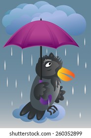 Rain, heavy rain. Crow under the umbrella
