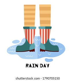 Rain .Human legs in polka dot rubber boots for text. Collection of autumn rubber boots. Fall.Cute autumn flat rubber boots set. Rain day