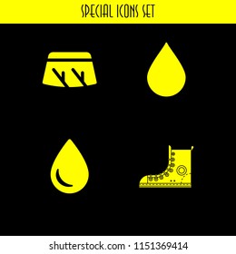 rain icon. 4 rain set with droplet, boots, wiper and drop silhouette vector icons for web and mobile app