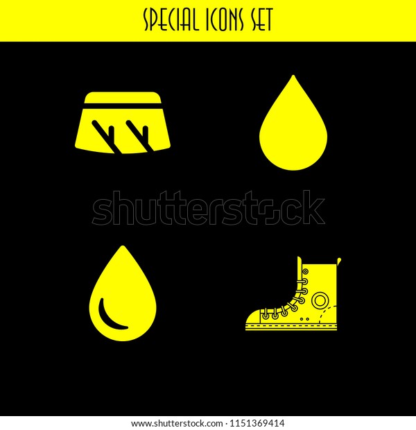 rain icon. 4 rain set\
with droplet, boots, wiper and drop silhouette vector icons for web\
and mobile app