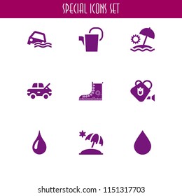 rain icon. 9 rain set with droplet, flood, droplet of water and damage vector icons for web and mobile app