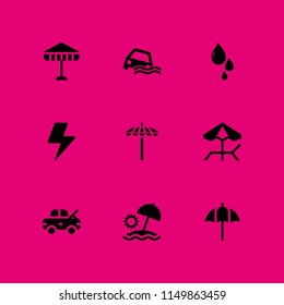rain icon. 9 rain set with flood, sun umbrella, storm and drop vector icons for web and mobile app