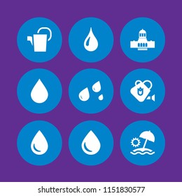 rain icon. 9 rain set with water drop, watering can, drop silhouette and sun umbrella vector icons for web and mobile app