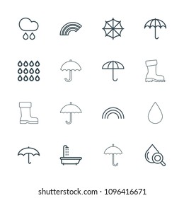 Rain icon. collection of 16 rain outline icons such as shower, umbrella, drop under magnifier, drop, boot. editable rain icons for web and mobile.