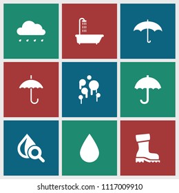 Rain icon. collection of 9 rain filled icons such as shower, drop under magnifier, umbrella, blood, water drop. editable rain icons for web and mobile.