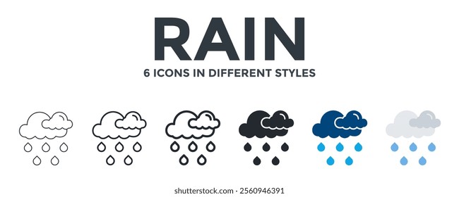 RAIN icon in different style vector illustration. Designed in thin line, regular line, bold line, glyph, color fill, and flat style can be used for web