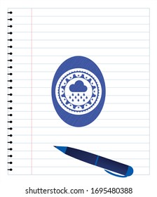 rain icon emblem draw with pen effect. Blue ink. Vector Illustration. Detailed.