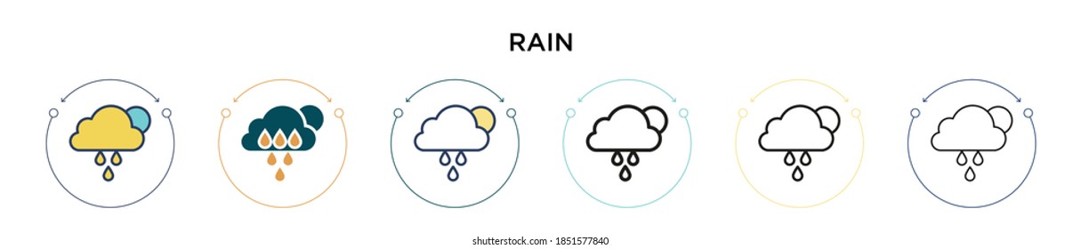 Icono de lluvia en estilo relleno, delgado, contorno y trazo. Ilustración vectorial de dos diseños de vectores de lluvia coloreados y negros se pueden utilizar para móviles, ui, web