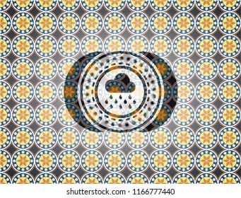 rain icon inside arabic badge background. Arabesque decoration.