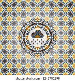 rain icon inside arabic badge background. Arabesque decoration.