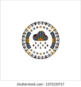 rain icon inside arabic badge. Arabesque decoration.