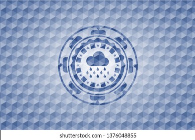 rain icon inside blue badge with geometric pattern.