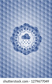 rain icon inside blue emblem or badge with geometric pattern background.