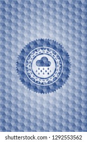 rain icon inside blue emblem with geometric pattern background.