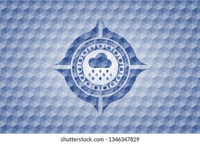 rain icon inside blue emblem with geometric pattern background.