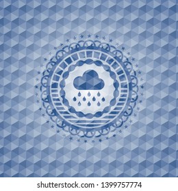 rain icon inside blue emblem with geometric pattern.