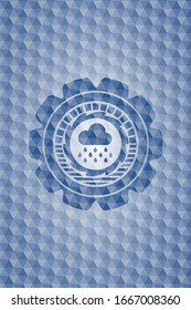 rain icon inside blue emblem or badge with abstract geometric pattern background.