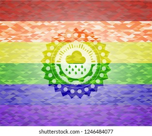 rain icon inside emblem on mosaic background with the colors of the LGBT flag