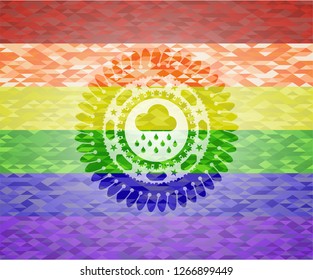 rain icon inside emblem on mosaic background with the colors of the LGBT flag