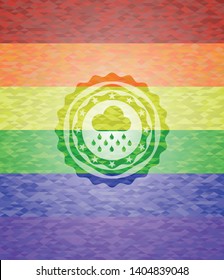 rain icon inside emblem on mosaic background with the colors of the LGBT flag