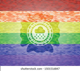 rain icon inside emblem on mosaic background with the colors of the LGBT flag