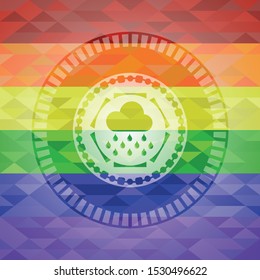 rain icon inside emblem on mosaic background with the colors of the LGBT flag