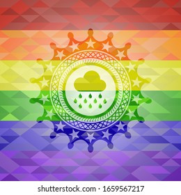 rain icon inside emblem on mosaic background with the colors of the LGBT flag